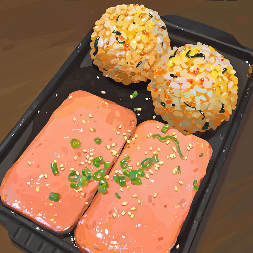 absurdres, chinese_commentary, chopped_spring_onion, commentary_request, food, food_focus, food_request, highres, meat, no_humans, original, ou-popo, painterly, realistic, rice, shadow, still_life, table, tray