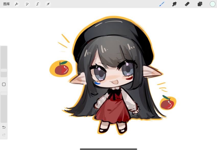 1girl, apple, art_program_in_frame, beret, black_hair, black_hat, chibi, chibi_only, chinese_commentary, commentary_request, dress, facepaint, food, fruit, full_body, grey_eyes, hat, highres, long_hair, minecraft_youtube, name_connection, object_namesake, open_mouth, personification, pointy_ears, pomme_(quackity_smp), quackity_smp, red_dress, smile, solo, very_long_hair, white_background, wumingshi16034