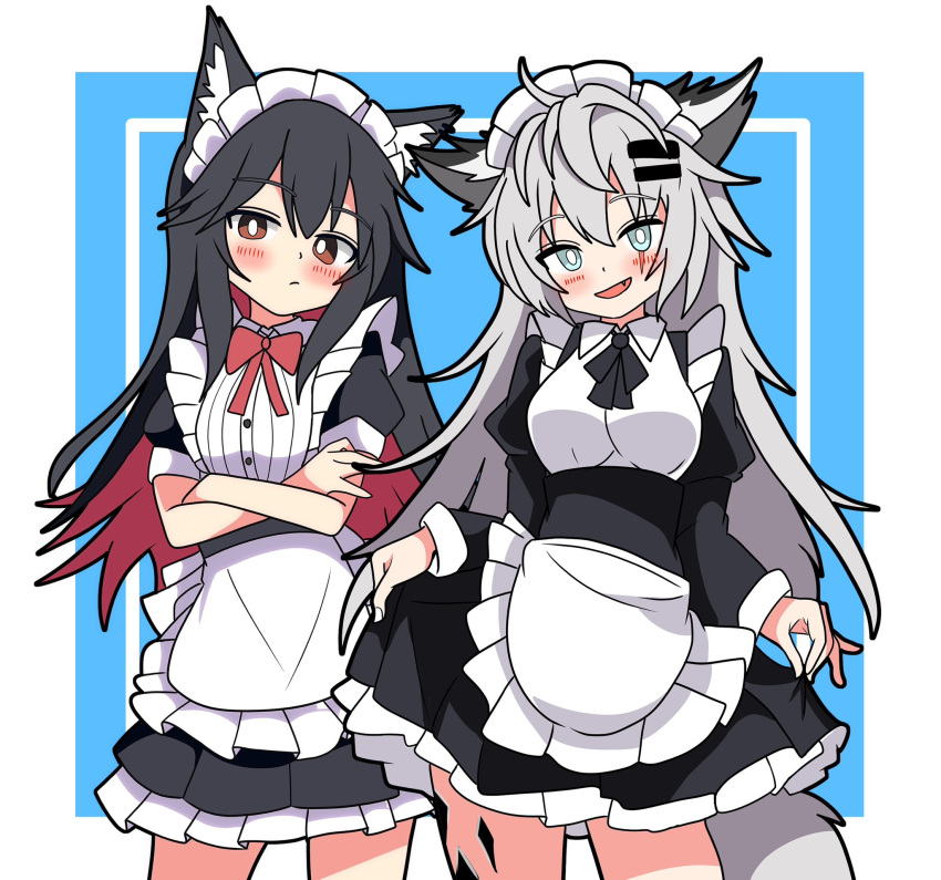 2girls, :/, alternate_costume, animal_ears, apron, arknights, black_dress, black_hair, black_outline, black_ribbon, blue_background, blush, border, bow, bowtie, bright_pupils, brown_eyes, closed_mouth, collared_dress, colored_inner_hair, commentary, contrapposto, cowboy_shot, crossed_arms, dot_nose, dress, enmaided, eyes_visible_through_hair, fang, frilled_apron, frilled_dress, frills, green_eyes, grey_hair, grey_tail, hair_between_eyes, hair_ornament, hairclip, head_tilt, hendra, highres, inset_border, juliet_sleeves, lappland_(arknights), long_hair, long_sleeves, looking_at_viewer, maid, maid_apron, maid_headdress, material_growth, multicolored_hair, multiple_girls, neck_ribbon, notice_lines, one-hour_drawing_challenge, open_mouth, oripathy_lesion_(arknights), outline, outside_border, petticoat, pleated_dress, puffy_short_sleeves, puffy_sleeves, red_bow, red_bowtie, redhead, ribbon, short_sleeves, sidelocks, simple_background, skirt_hold, slip_showing, smile, standing, straight_hair, tail, texas_(arknights), waist_apron, white_apron, white_border, white_pupils, wolf_ears, wolf_girl, wolf_tail
