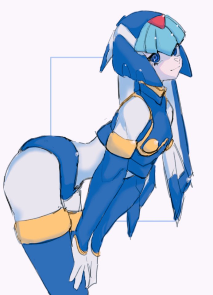1girl, android, armor, bent_over, blue_armor, blue_eyes, blue_footwear, blue_helmet