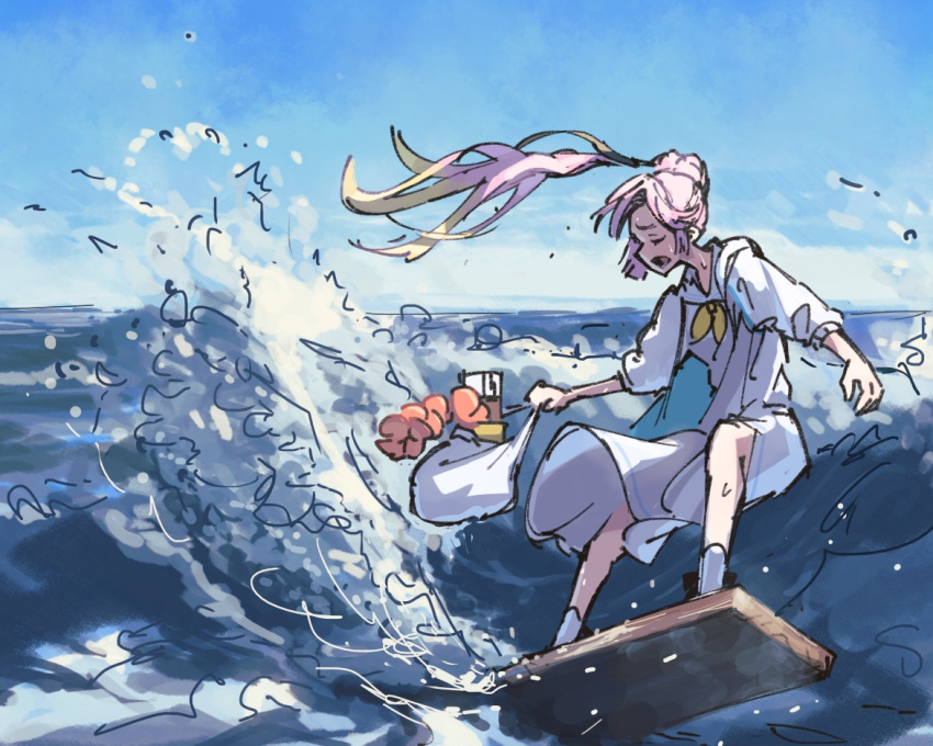 1girl, anyoji_hime, bag, black_ribbon, blonde_hair, blue_sky, closed_eyes, commentary_request