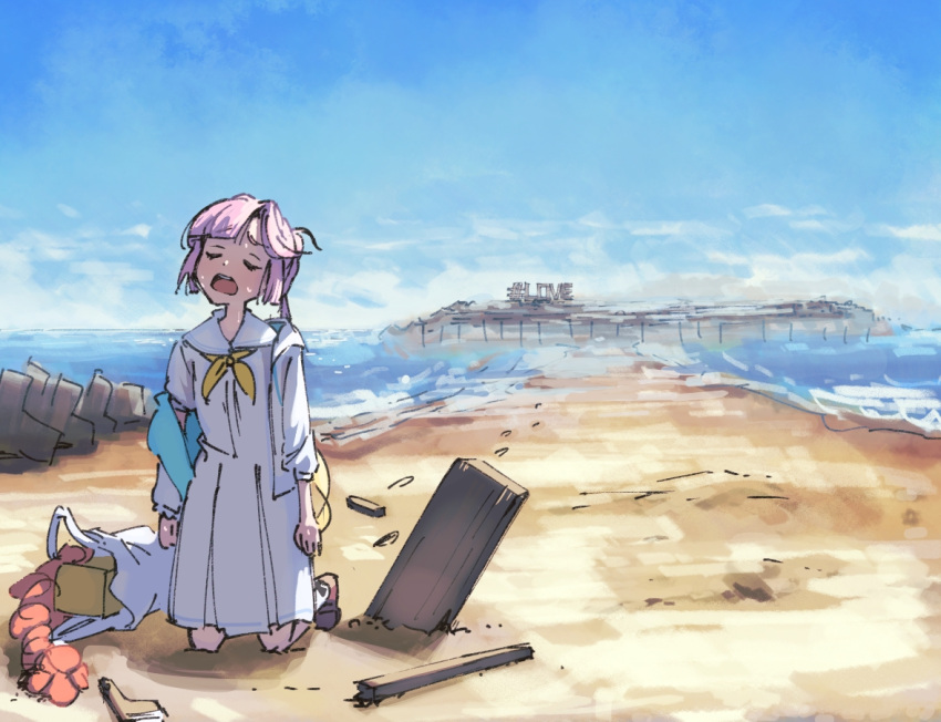 1girl, ahoge, anyoji_hime, bag, beach, blonde_hair, blue_sky, blunt_bangs