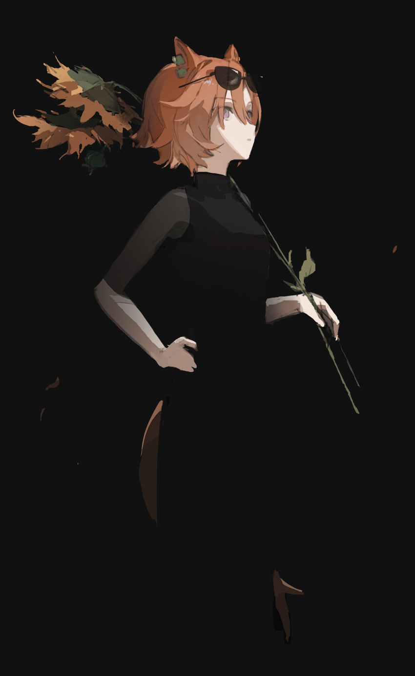1girl, absurdres, animal_ears, black_background, black_dress, brown_hair, dress, earrings, eyewear_on_head, flower, hand_on_own_hip, highres, holding, horse_ears, horse_girl, horse_tail, jewelry, meloen_ha, simple_background, solo, sunflower, sunglasses, t.m._opera_o_(umamusume), tail, umamusume, violet_eyes
