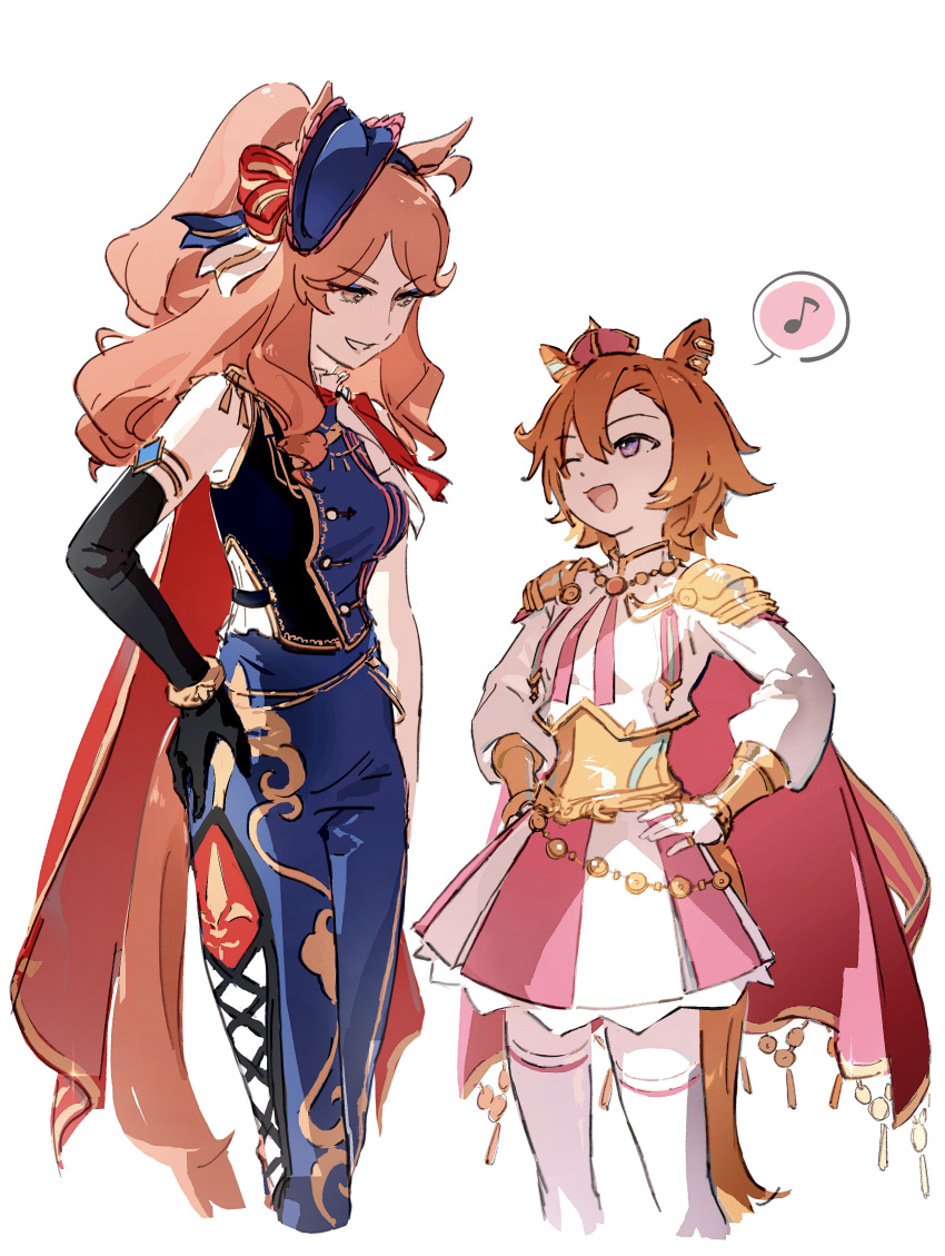 2girls, absurdres, animal_ears, armor, armored_corset, bracelet, brown_hair, cape