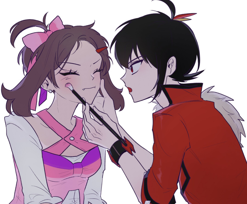 1boy, 1girl, ahoge, applying_makeup, applying_makeup_on_another, black_hair, blush, bow, brendan_(pokemon), brown_hair, closed_eyes, dda_sso, earrings, fang, fang_out, fur_trim, hair_bow, hair_ornament, hairclip, hand_on_another's_face, hand_on_another's_head, highres, holding, holding_makeup_brush, idol, jacket, jewelry, makeup_brush, may_(contest)_(pokemon), may_(pokemon), mega_ring, official_alternate_costume, open_mouth, pink_bow, pink_shirt, pokemon, pokemon_adventures, pokemon_oras, red_eyes, red_jacket, ruby_(pokemon), sapphire_(pokemon), sapphire_birch, shirt, short_hair, sphere_earrings, white_sleeves