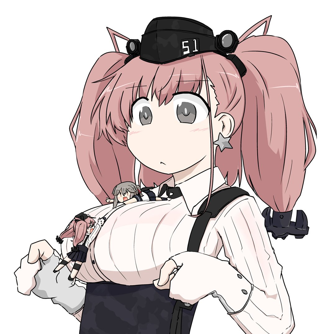 3girls, anchor_hair_ornament, atlanta_(kancolle), black_hat, black_skirt, breasts, brown_hair, commentary_request