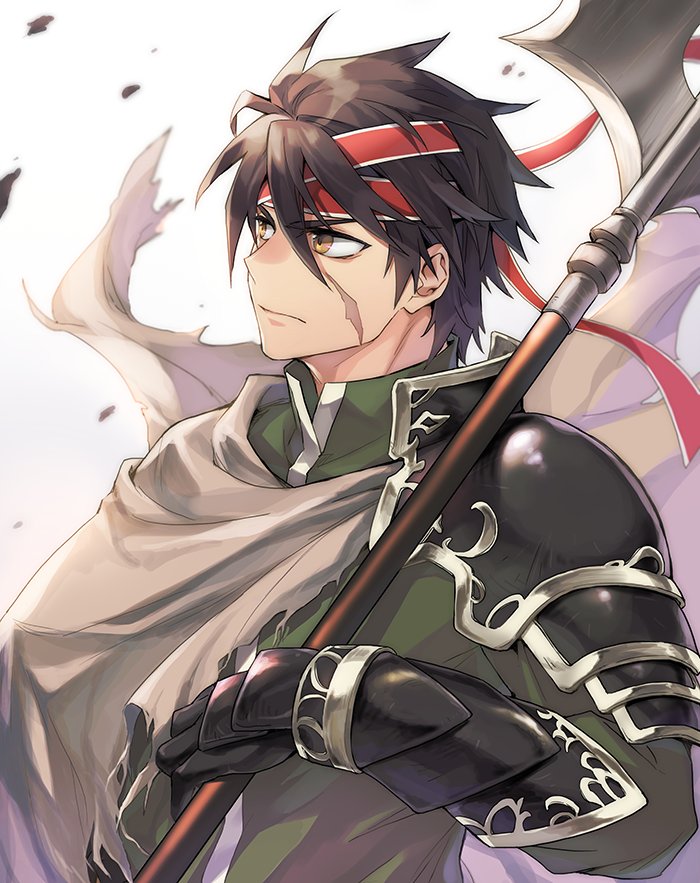 1boy, armor, black_armor, brown_cloak, brown_hair, cloak, closed_mouth, commentary, floating_cape, gauntlets, geis_(ys), green_shirt, hair_between_eyes, halberd, headband, high_collar, holding, holding_polearm, holding_weapon, isa_(peien516), looking_to_the_side, male_focus, pauldrons, polearm, red_headband, scar, scar_on_cheek, scar_on_face, serious, shirt, short_hair, shoulder_armor, single_pauldron, solo, torn_cloak, torn_clothes, upper_body, weapon, white_background, yellow_eyes, ys, ys_vi_ark_of_napishtim