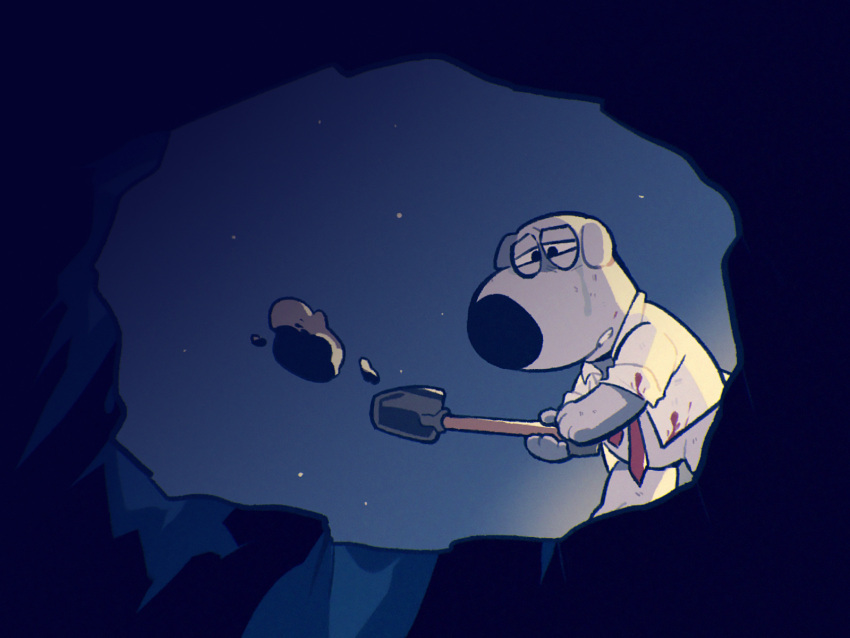 1boy, black_eyes, blood, blood_on_clothes, brian_griffin, digging, dirty, dog