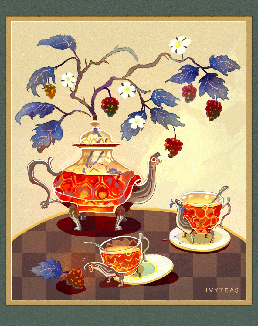 absurdres, artist_name, branch, cup, drink, eating, flower, food, fruit, fusion, highres, ivy_teas, leaf, no_humans, original, raspberry, red_eyes, saucer, table, tea_set, teacup, teapot, tortoise, turtle, white_flower