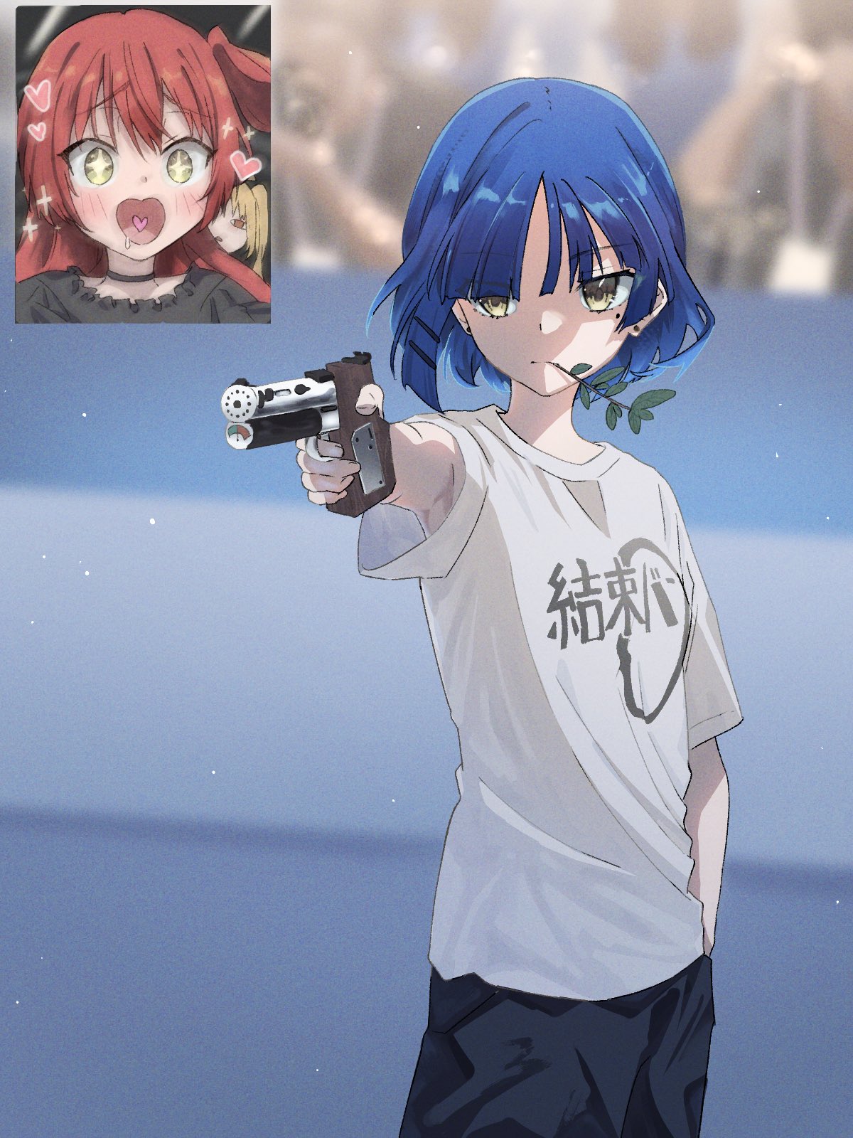+_+, 2024_summer_olympics, 2girls, armpit_peek, black_choker, blonde_hair, blue_hair, blurry, blurry_background, blush, bocchi_the_rock!, choker, commentary_request, day, depth_of_field, drooling, expressionless, gun, hair_between_eyes, hair_ornament, hand_in_pocket, heart, heart_in_mouth, highres, holding, holding_gun, holding_weapon, ijichi_nijika, inset, kita_ikuyo, long_hair, mole, mole_under_eye, multiple_girls, noboru_imae, one_side_up, red_eyes, redhead, shirt, short_hair, weapon, yamada_ryo, yellow_eyes, yusuf_dikec