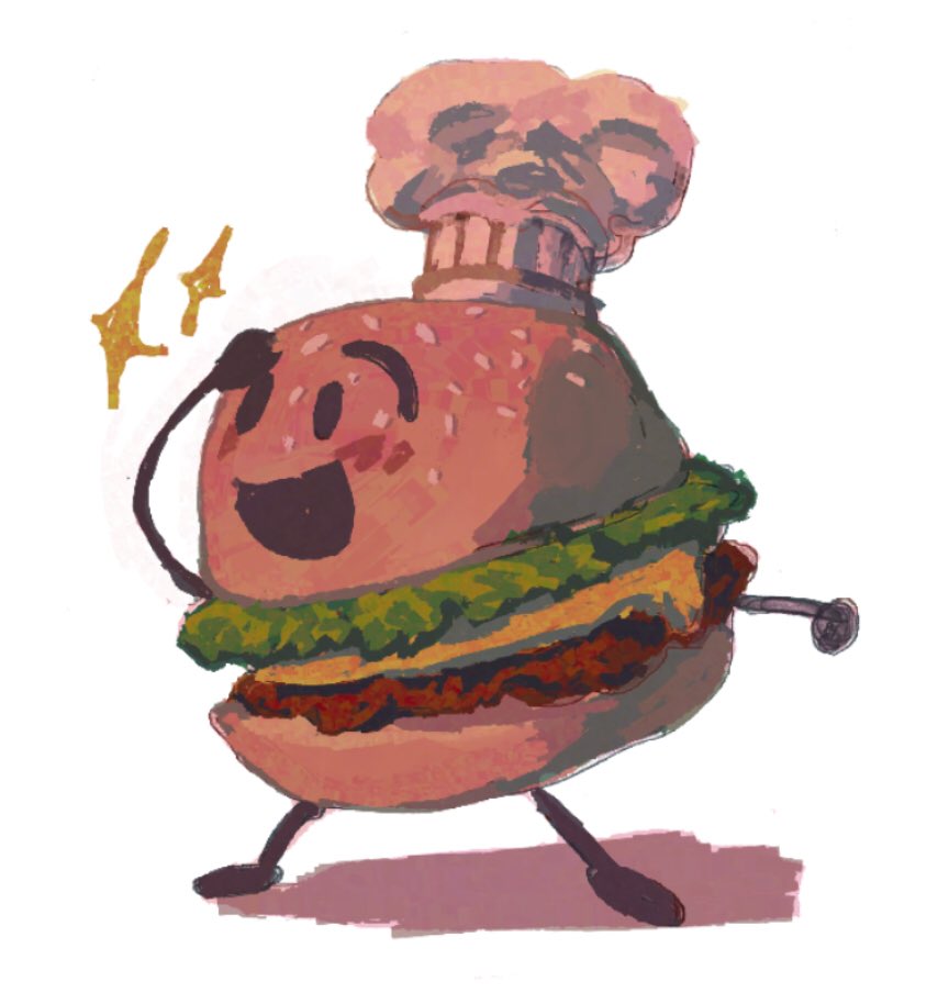 anistarrae, bread, burger, cheese, chef_hat, food, food_focus, hat, lettuce, meat, no_humans, open_mouth, original, simple_background, sparkle, white_background