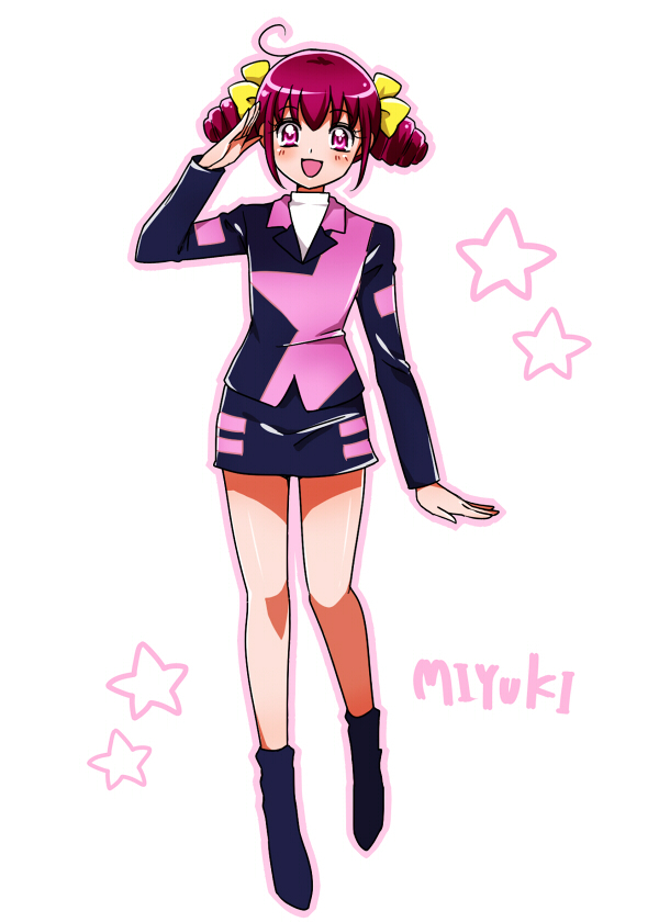 1girl, :d, ahoge, arm_up, bare_legs, black_footwear, black_jacket, black_skirt