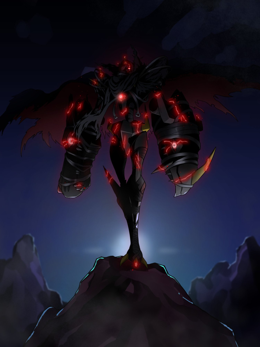bandages, battle_damage, cape, commentary, digimon, digimon_(creature), glowing, highres, hood, hooded_cape, manchi_kansuke, multiple_heads, omegamon_zwart_defeat, red_eyes, robot, solo, standing, sunrise