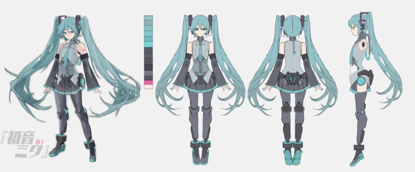 1girl, android, aqua_eyes, aqua_hair, arms_at_sides, color_guide, detached_sleeves, flat_color