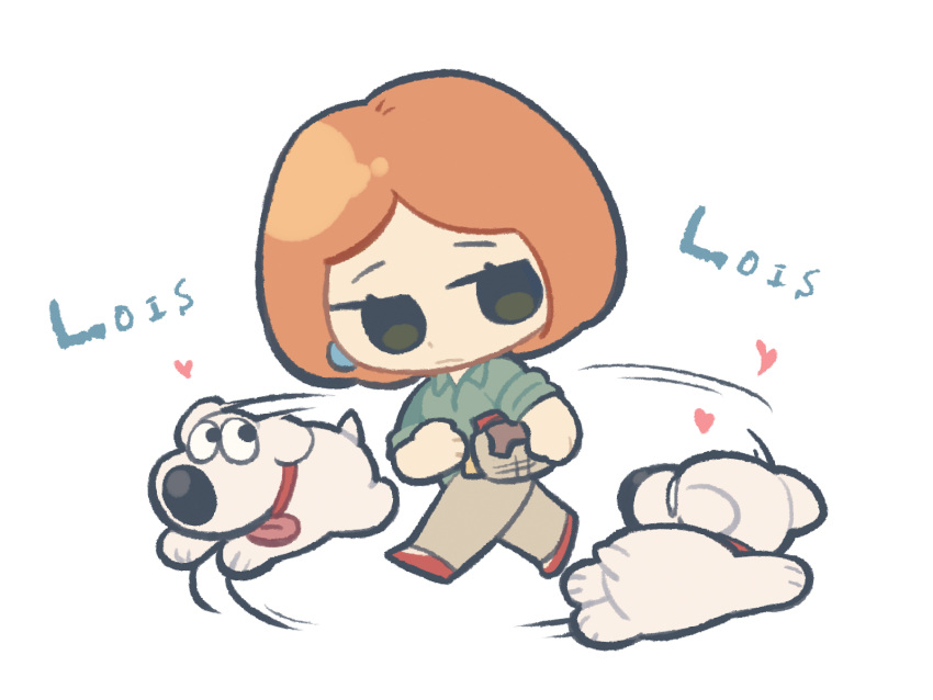 1boy, 1girl, afterimage, animal_collar, basket, brian_griffin, brown_pants, character_name