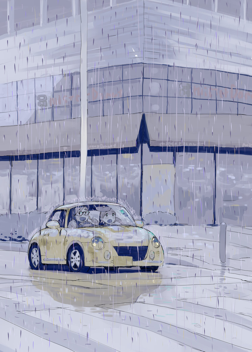 2girls, building, car, city, commentary_request, crosswalk, driving, feeding, food, glasses, grey_theme, hand_on_own_chin, hara_(pencilpen), highres, holding, holding_food, looking_ahead, motor_vehicle, multiple_girls, open_mouth, original, outdoors, rain, reflective_ground, road, short_hair, smile, street, urban, wet_ground, wide_shot
