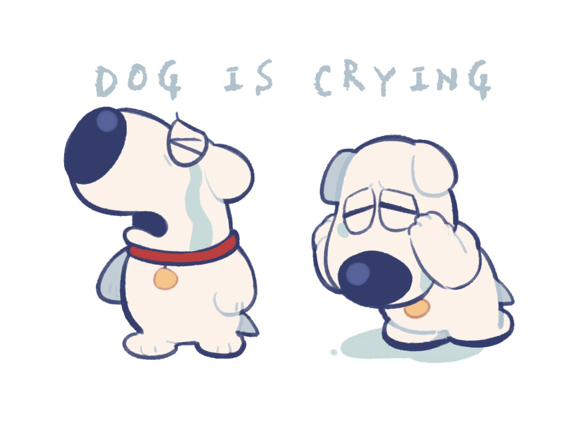 1boy, animal_collar, brian_griffin, collar, crying, dog, english_text, family_guy, highres, no_humans, red_collar, simple_background, tears, tian_niunai_hezi, white_background, white_dog