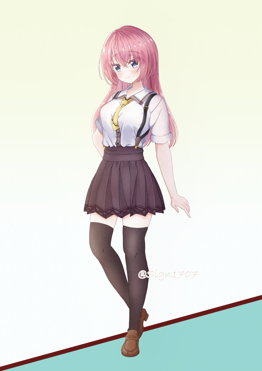 1girl, absurdres, aged_down, arm_at_side, between_breasts, black_thighhighs, blush, breasts, bright_pupils, brown_footwear, brown_skirt, closed_mouth, collared_shirt, commentary_request, crossed_bangs, eyelashes, eyes_visible_through_hair, full_body, grey_eyes, hair_between_eyes, hand_on_own_hip, high-waist_skirt, highres, large_breasts, loafers, long_hair, looking_at_viewer, necktie, necktie_between_breasts, ozato_fumika, partial_commentary, pleated_skirt, redhead, school_uniform, shirt, shoes, short_sleeves, sign1707, simple_background, skirt, smile, solo, straight_hair, suspender_skirt, suspenders, tachi-e, tenshi_souzou_re-boot!, thigh-highs, tsurime, twitter_username, white_shirt, yellow_background, yellow_necktie, zettai_ryouiki