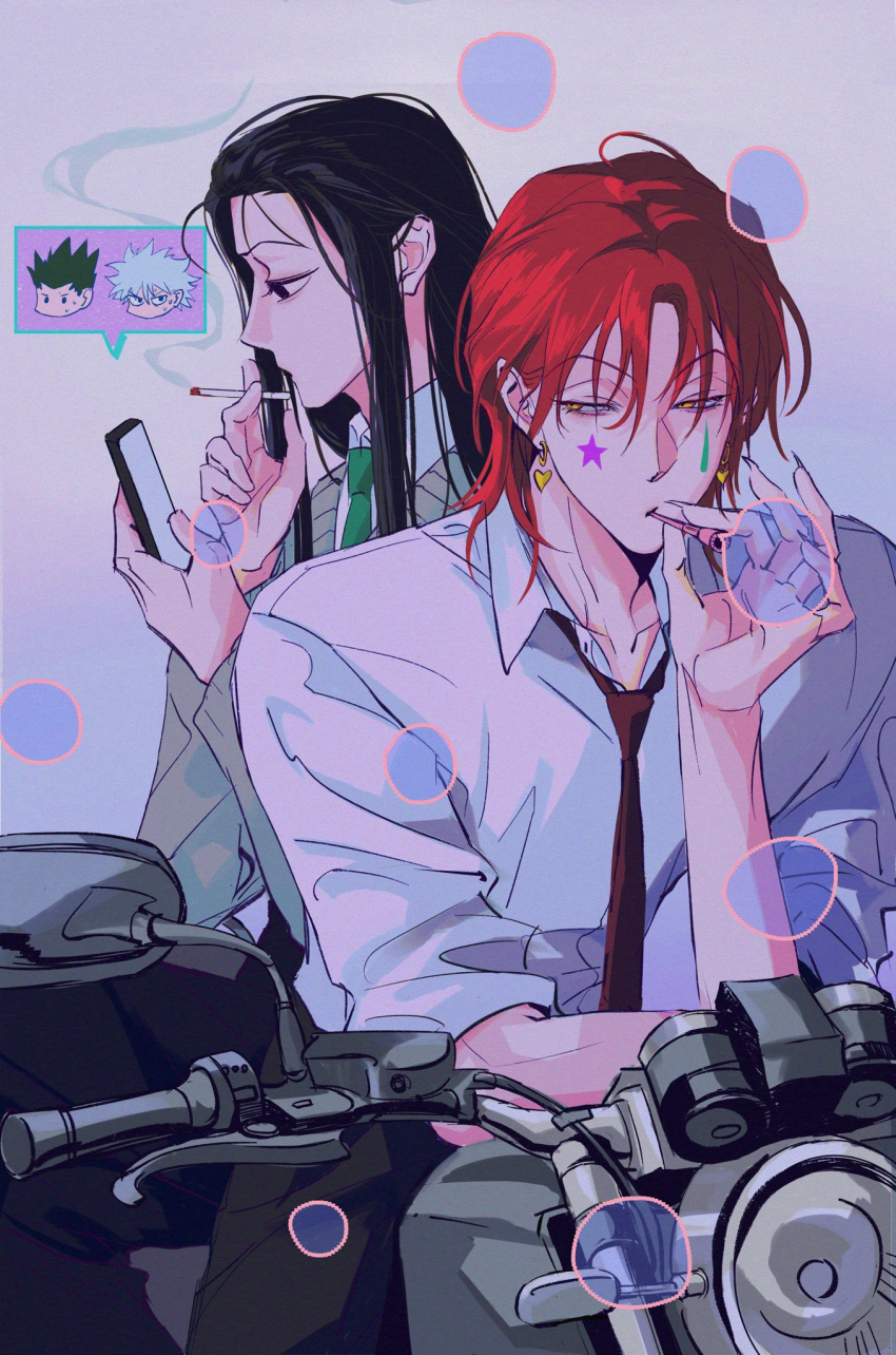 black_eyes, black_hair, blowing_bubbles, brown_necktie, bubble, cigarette, earrings, facepaint, green_necktie, highres, hisoka_morow, holding, holding_cigarette, holding_phone, hunter_x_hunter, illumi_zoldyck, jewelry, jz88, long_hair, looking_at_phone, motor_vehicle, motorcycle, necktie, phone, redhead, shirt, smoke, smoking, sweater_vest, white_shirt, yellow_eyes