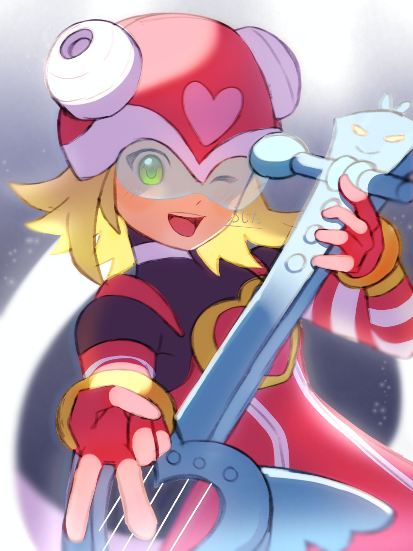 1girl, absurdres, armor, assault_visor, blonde_hair, green_eyes, guitar, harp_note_(mega_man)