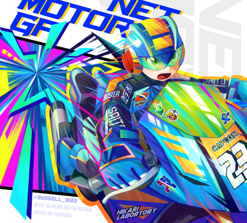 1boy, alternate_costume, assault_visor, blue_helmet, blue_jacket, buysell_bird, character_name, commentary