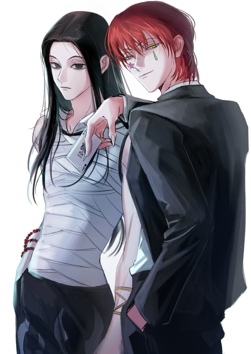 2boys, black_eyes, black_hair, black_jacket, black_pants, bracelet, card, facepaint