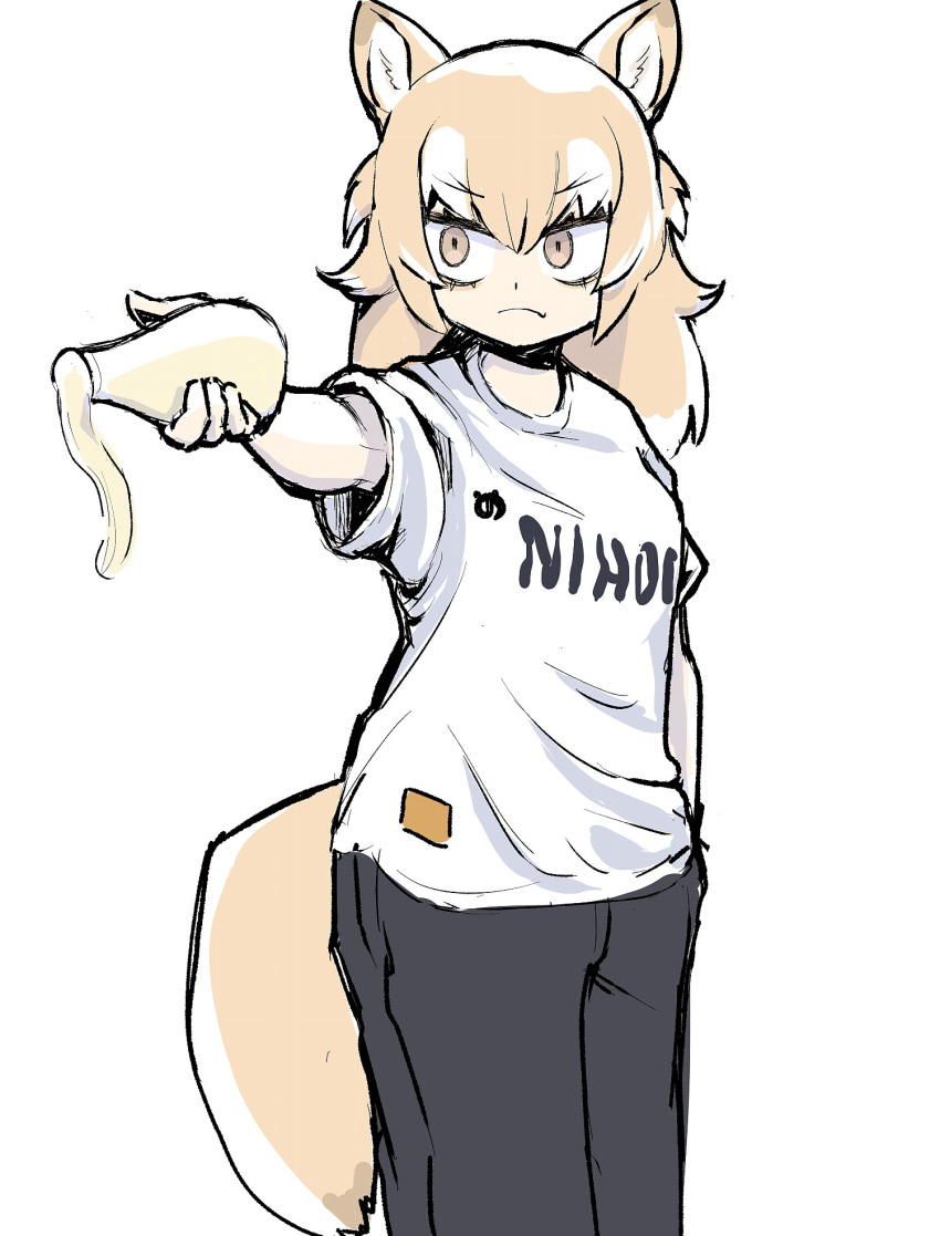 1girl, 2024_summer_olympics, animal_ears, black_pants, blonde_hair, closed_mouth, cowboy_shot, fang