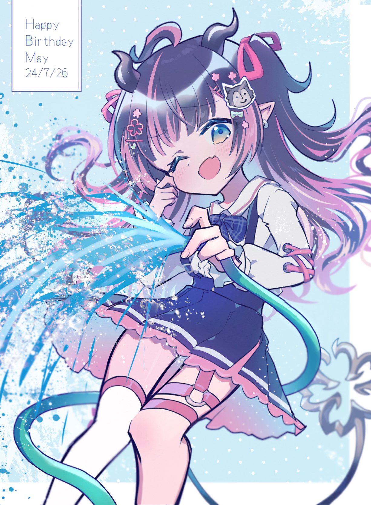 1girl, ahoge, asymmetrical_legwear, black_hair, blue_bow, blue_bowtie, blue_eyes, blush, bow, bowtie, commentary_request, demon_girl, demon_horns, earrings, fang, feet_out_of_frame, grey_horns, grey_skirt, hair_ribbon, happy_birthday, highres, holding, holding_hose, horns, hose, jewelry, kuzuhana, long_hair, long_sleeves, looking_at_viewer, medium_bangs, multicolored_hair, nanashi_inc., o-ring, o-ring_thigh_strap, oinomori_may, oinomori_may_(2nd_costume), one_eye_closed, pink_hair, pink_ribbon, pleated_skirt, pointy_ears, ribbon, shirt, shoes, single_earring, skin_fang, skirt, smile, solo, suspender_skirt, suspenders, thigh-highs, thigh_strap, two-tone_hair, uneven_legwear, virtual_youtuber, water, white_shirt, white_thighhighs