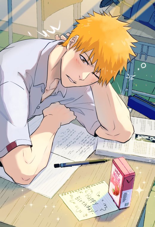 1girl, 2024, arm_support, bleach, blush, book, brown_eyes, classroom, collared_shirt, commentary_request, dated_commentary, dress_shirt, happy_birthday, indoors, kawana_h, kurosaki_ichigo, light_rays, looking_down, milk_carton, muscular, muscular_male, one_eye_closed, open_book, orange_hair, parted_lips, pen, shirt, short_hair, short_sleeves, sleepy, solo, spiky_hair, sunbeam, sunlight, upper_body, white_shirt
