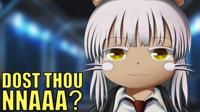 1other, :3, androgynous, black_jacket, blunt_bangs, blurry, blurry_background, closed_mouth, collared_shirt, does_he_know?_(meme), english_text, furry, highres, horizontal_pupils, jacket, looking_at_viewer, made_in_abyss, medium_bangs, meme, middle_english_text, nanachi_(made_in_abyss), necktie, new_rockstars, other_focus, red_necktie, red_pupils, shirt, short_hair, smile, smugbuns, solo, upper_body, whiskers, white_hair, white_shirt, yellow_eyes