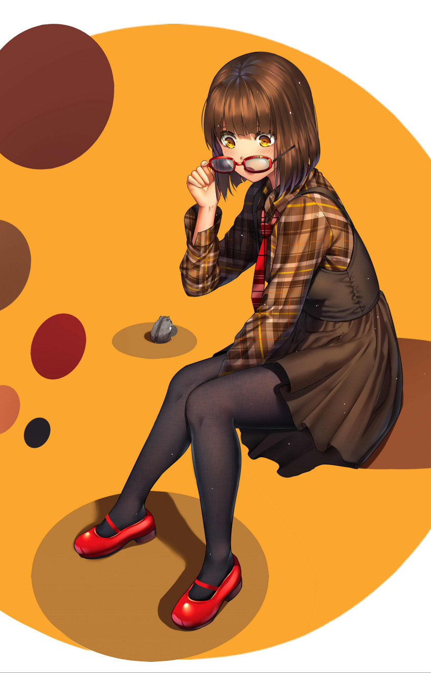 1girl, absurdres, adjusting_eyewear, artist_name, ashiro_(pixiv_23777766), black_pantyhose, blunt_bangs, blunt_ends