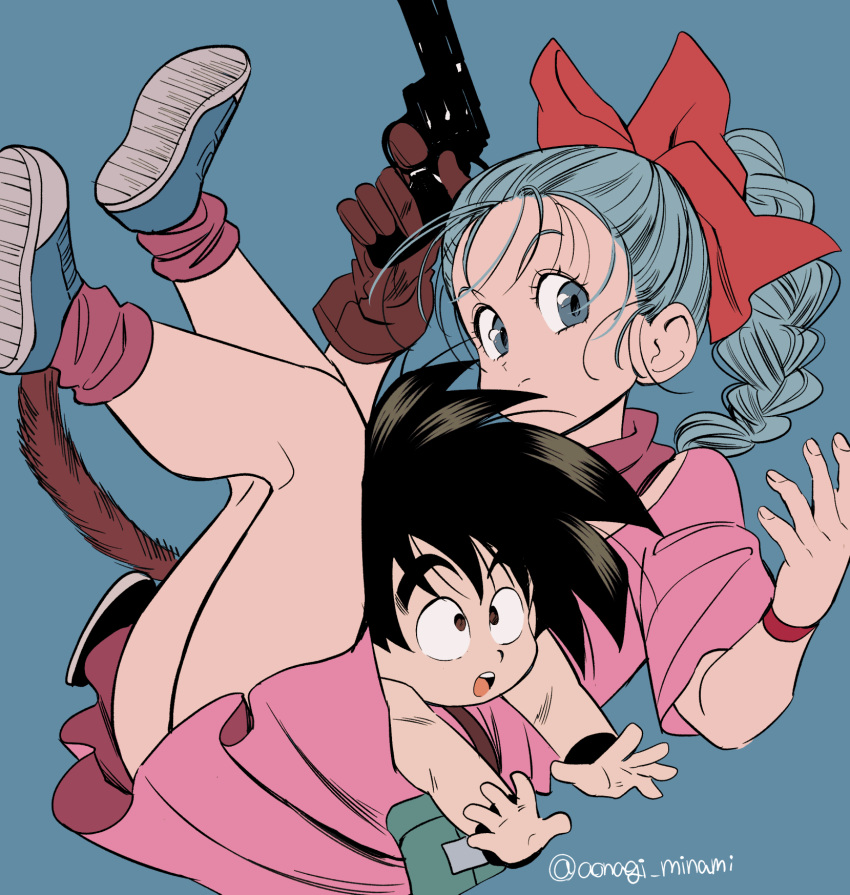1boy, 1girl, ankle_socks, aonagi_minami, aqua_background, aqua_eyes, aqua_footwear, aqua_hair, bare_legs, belt, black_footwear, black_hair, black_wristband, bracelet, brown_belt, brown_eyes, brown_gloves, bulma, closed_mouth, commentary, dragon_ball, dragon_ball_(classic), dress, expressionless, eyelashes, facing_viewer, fanny_pack, fingernails, full_body, gloves, gun, hair_ribbon, handgun, hands_up, head_tilt, highres, holding, holding_gun, holding_weapon, jewelry, knees_together_feet_apart, legs_up, looking_afar, loose_hair_strand, loose_socks, lying_on_lap, lying_on_person, multi-tied_hair, outstretched_arms, parted_lips, pink_dress, pink_scarf, pink_socks, red_ribbon, revolver, ribbon, scarf, serious, shoe_soles, shoes, short_dress, short_sleeves, sideways_glance, simple_background, single_glove, sneakers, socks, son_goku, spiky_hair, symbol-only_commentary, tareme, teeth, thighs, tongue, twitter_username, upper_teeth_only, weapon, wide-eyed, wristband