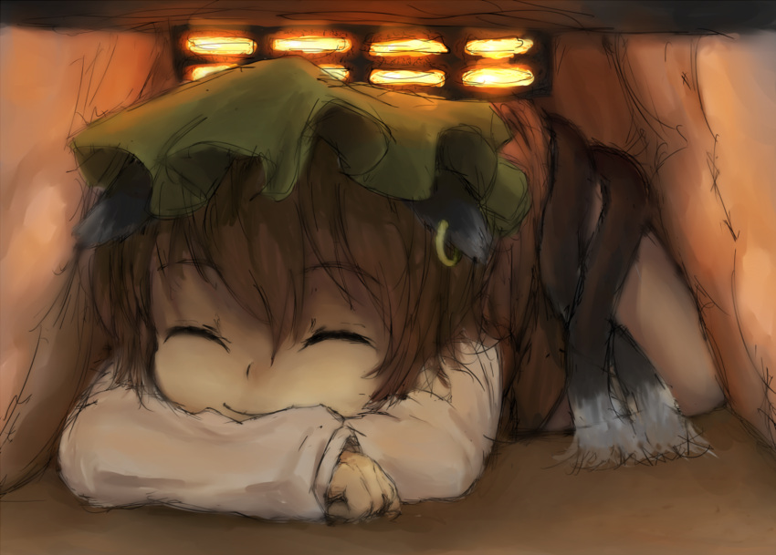 animal_ears, brown_hair, cat_ears, cat_tail, chen, closed_eyes, earrings, eyes_closed