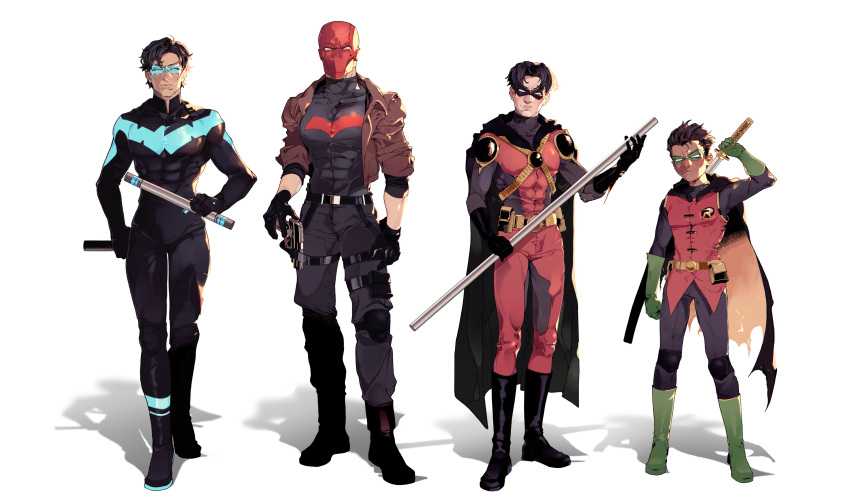 absurdres, animal_print, bat_print, bat_signal, batman_(series), batman_symbol, black_bodysuit, black_gloves, black_hair, blue_bodysuit, blue_eyes, bodysuit, brothers, brown_jacket, cape, closed_mouth, damian_wayne, dc_comics, dianna_knst, dick_grayson, domino_mask, gloves, grey_bodysuit, gun, handgun, highres, holding, jacket, jason_todd, large_pectorals, male_focus, mask, multiple_boys, muscular, muscular_male, nightwing, open_clothes, pants, pectorals, red_hood_(dc), red_mask, red_robin, robin_(dc), short_hair, siblings, superhero_costume, tim_drake, two-tone_bodysuit, weapon, yellow_cape