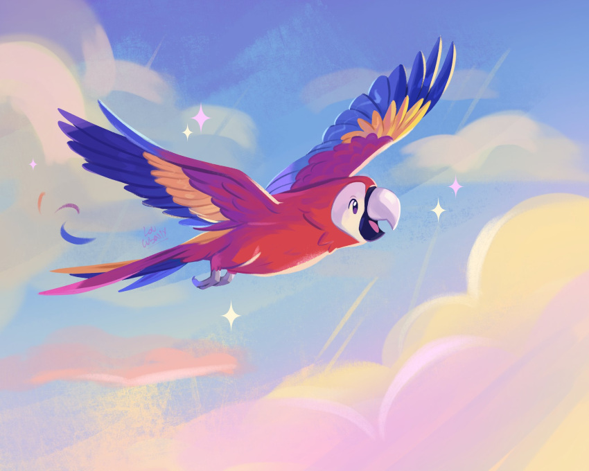 animal, animal_focus, beak, bird, clouds, commentary_request, flying, from_side