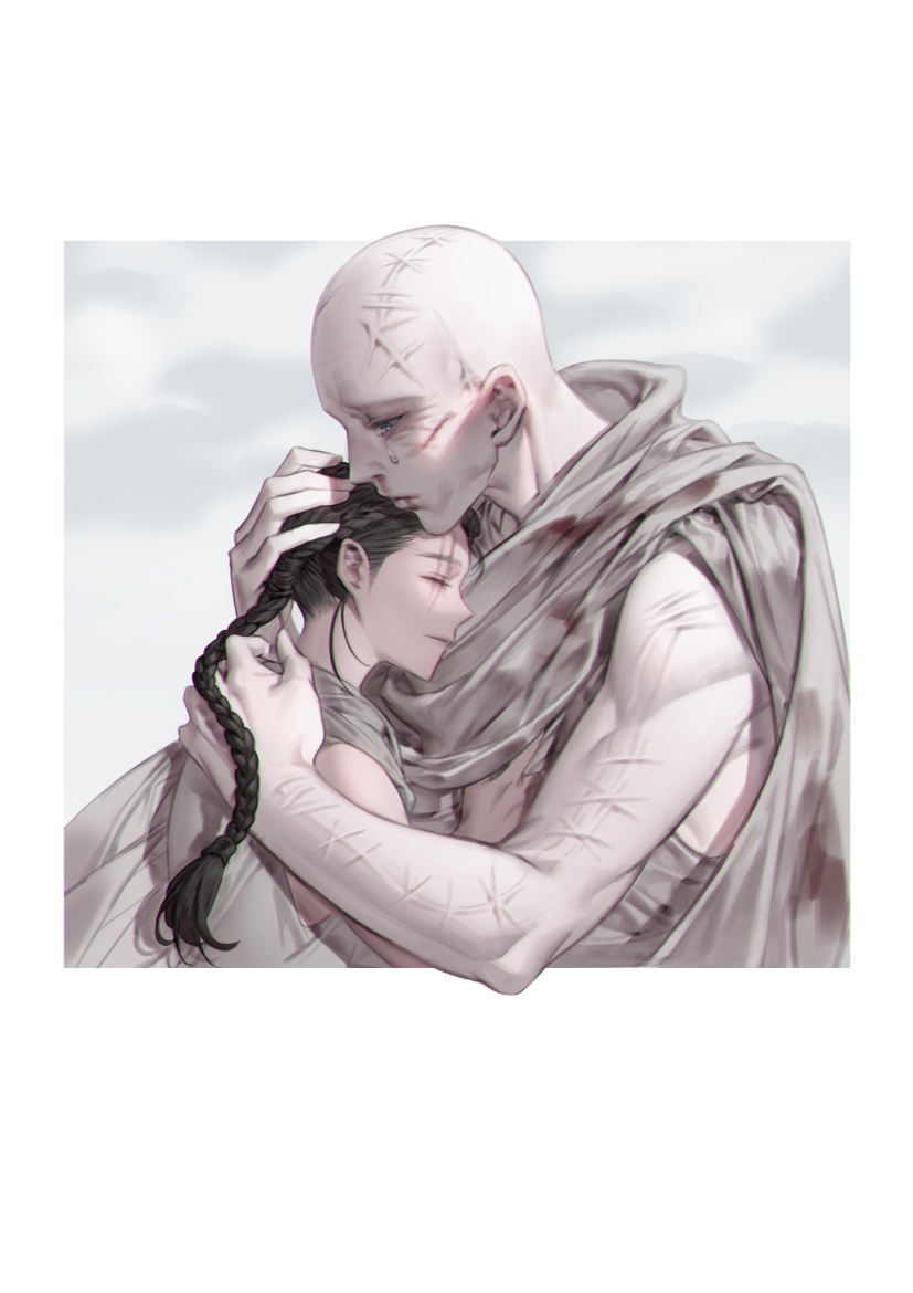 1boy, 1girl, bald, bare_shoulders, black_hair, blue_eyes, border, braid