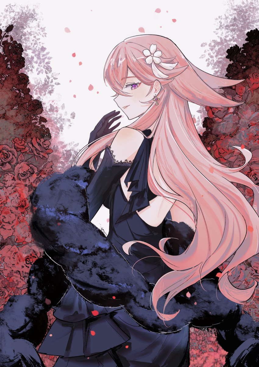 1girl, absurdres, alternate_costume, bare_shoulders, black_dress, black_gloves, black_shawl, cowboy_shot