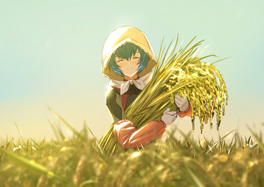 1girl, ^_^, ayanami_rei, blue_hair, clear_sky, closed_eyes, day, evangelion:_3.0+1.0_thrice_upon_a_time, facing_viewer, field, gloves, grin, happy, highres, holding_wheat, hood, hood_up, neon_genesis_evangelion, outdoors, potion_lilac, rebuild_of_evangelion, short_hair, sky, smile, solo, upper_body, wheat, wheat_field, white_gloves, white_hood