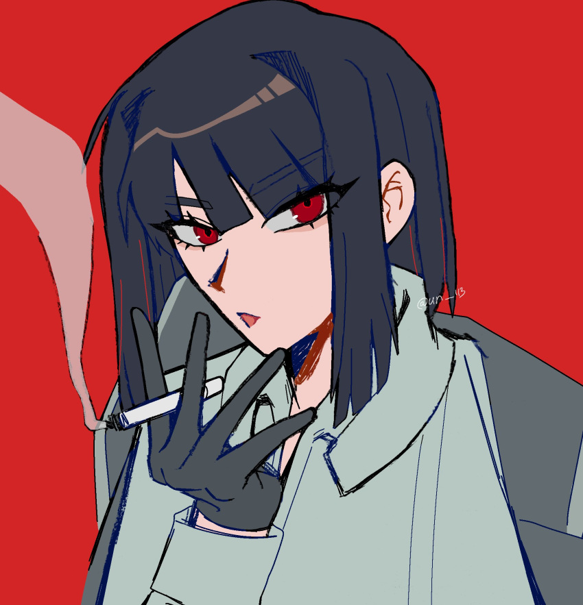 1girl, black_gloves, black_hair, black_jacket, bob_cut, cigarette, collared_shirt, commentary, gloves, hashtag-only_commentary, highres, holding, holding_cigarette, jacket, limbus_company, long_sleeves, looking_at_viewer, open_mouth, portrait, project_moon, red_background, red_eyes, ryoshu_(project_moon), shirt, short_hair, sidelocks, simple_background, smoke, solo, un_113, white_shirt, wing_collar