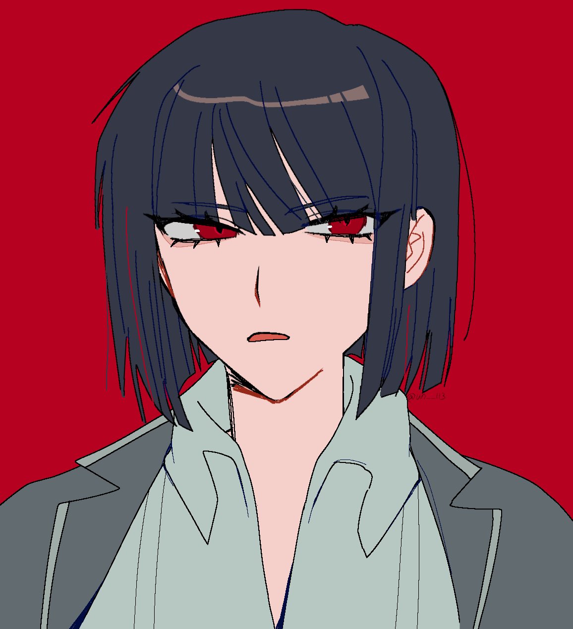 1girl, black_hair, black_jacket, bob_cut, collared_shirt, commentary_request, highres, jacket, limbus_company, looking_at_viewer, open_mouth, portrait, project_moon, red_background, red_eyes, ryoshu_(project_moon), shirt, short_hair, sidelocks, simple_background, solo, un_113, white_shirt, wing_collar