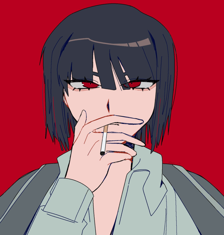 1girl, black_hair, black_jacket, bob_cut, cigarette, collared_shirt, commentary, hashtag-only_commentary