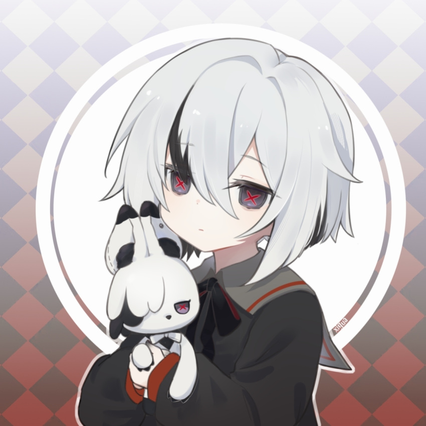 1girl, aged_down, argyle_background, arlecchino_(genshin_impact), artist_name, black_eyes, black_ribbon, black_sweater