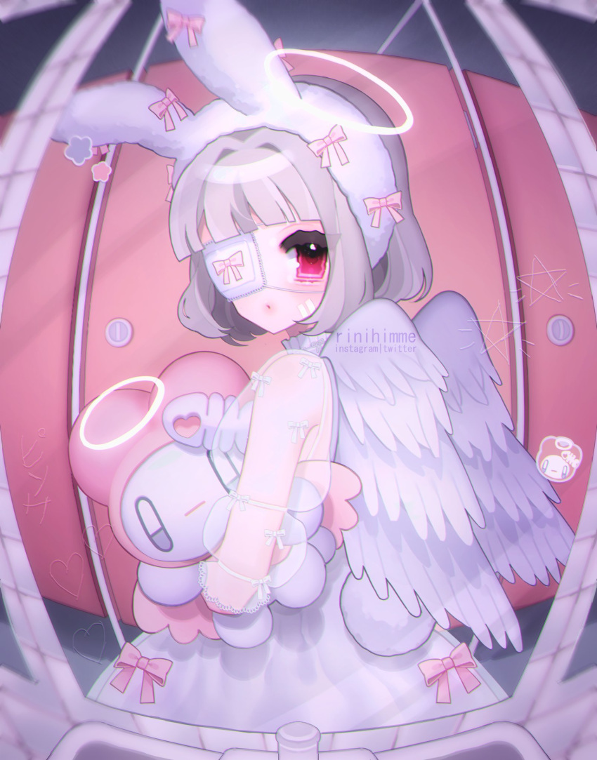 1girl, alternate_hair_length, alternate_hairstyle, angel, angel_wings, animal_ears, apollo_(rinihimme), commentary, dress, eyepatch, fake_animal_ears, fish_skeleton, fisheye, grey_hair, halo, highres, mirror, original, rabbit_ears, rabbit_tail, red_eyes, ri2.0_(rinihimme), rinihimme, short_hair, solo, stuffed_toy, symbol-only_commentary, tail, white_dress, wings
