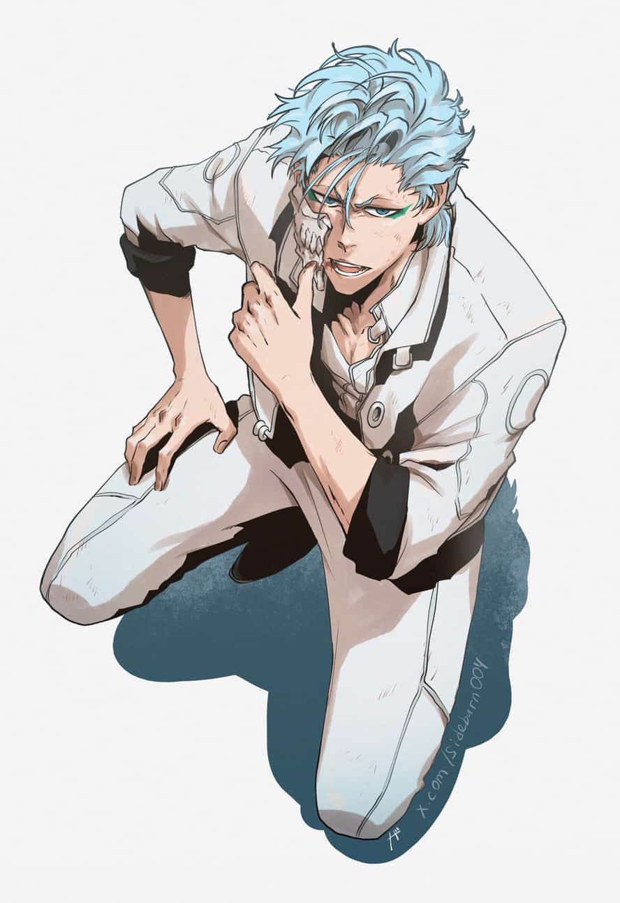 1boy, alternate_costume, bleach, blue_hair, commentary, dirty, dirty_face, drop_shadow