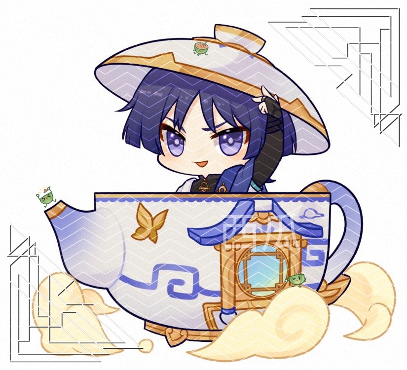 1boy, :d, adjusting_clothes, adjusting_headwear, arm_up, border, bowl, chibi