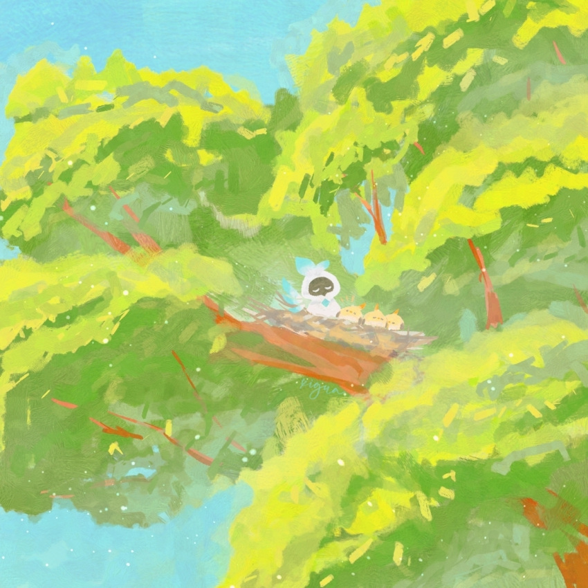 alternate_form, artist_name, bird, blue_background, blue_sky, closed_eyes, day, genshin_impact