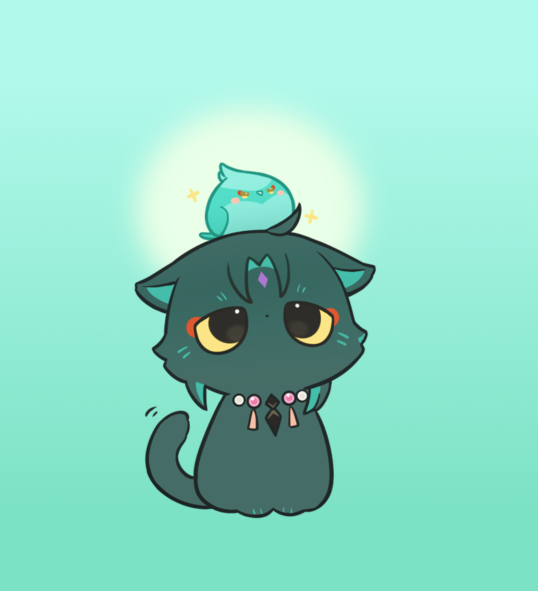 animal_focus, animalization, black_eyes, colored_sclera, cross-eyed, curtained_hair, dot_nose, dual_persona, eyeliner, facial_mark, forehead_mark, genshin_impact, green_cat, half-closed_eyes, jewelry, looking_up, makeup, necklace, no_humans, no_mouth, red_eyeliner, sitting, sparkling_aura, swyezi611, time_paradox, wide_shot, xiao_(bird)_(genshin_impact), xiao_(genshin_impact), yellow_sclera
