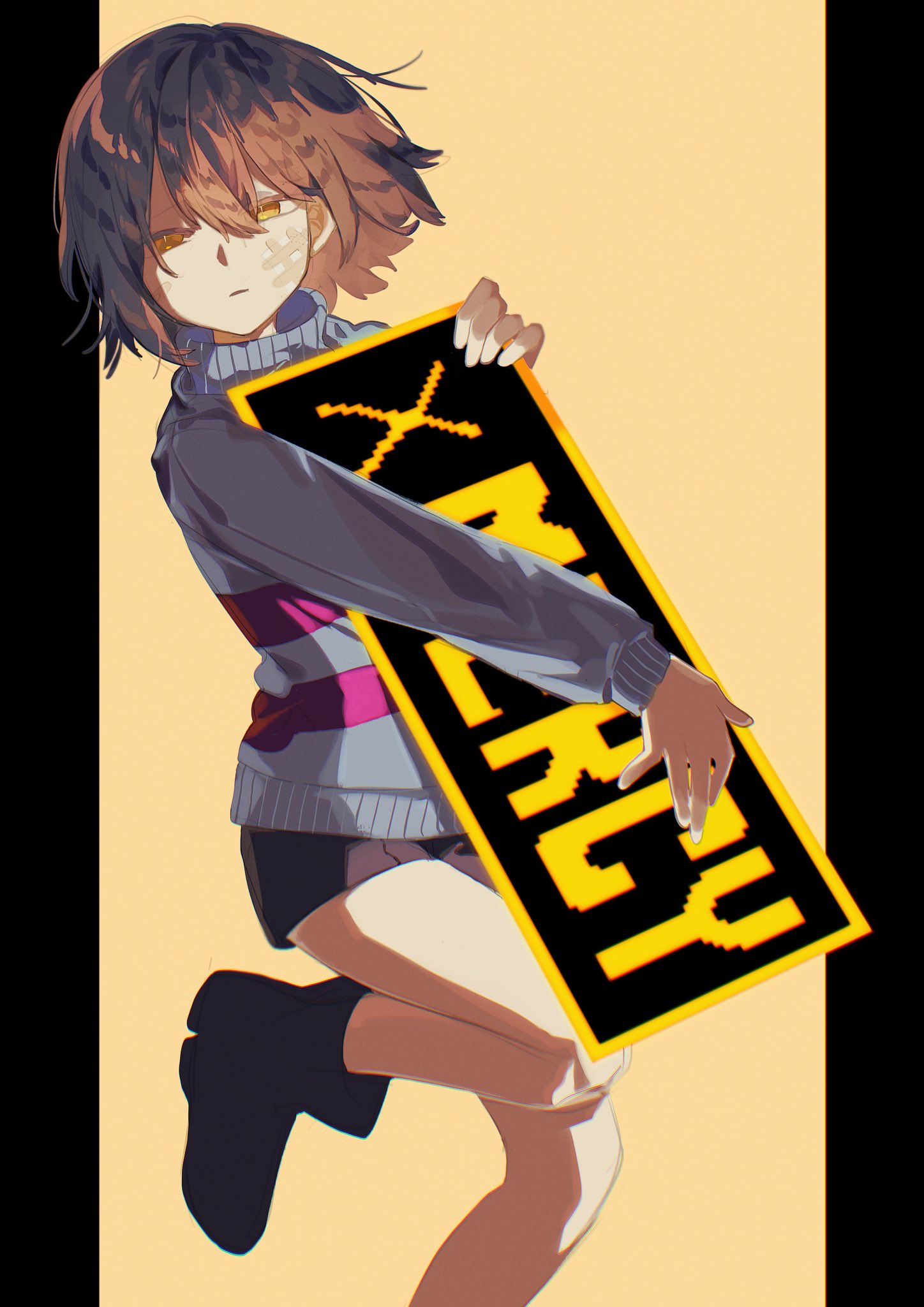 1other, ankle_boots, bandaid, bandaid_on_cheek, bandaid_on_face, black_footwear, black_shorts, blue_sweater