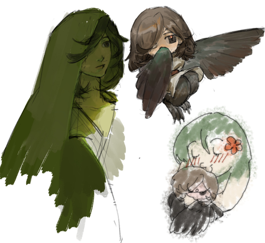 1boy, 1girl, animal_feet, artist_self-insert, bird_legs, bird_wings, brown_eyes, brown_hair