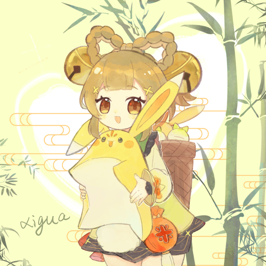 1girl, :d, analogous_colors, bamboo, bell, bow-shaped_hair, braid, brown_eyes